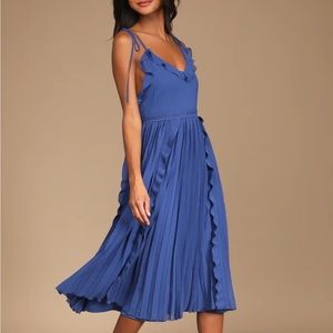 Lulus Never a Dull Moment Royal Blue Tie-Strap Pleated Midi Dress Size S